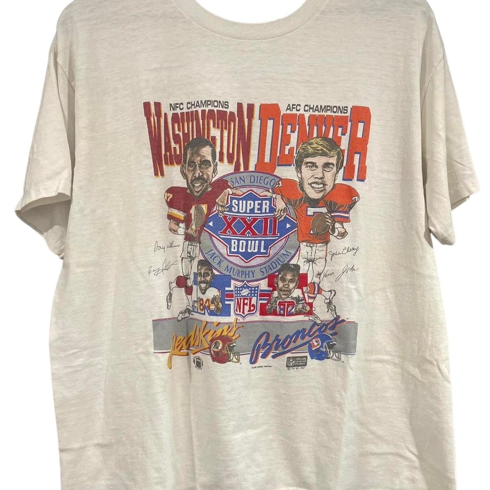 Vintage 80s Redskins Broncos Super Bowl Caricature Single Stitch Shirt Adult L